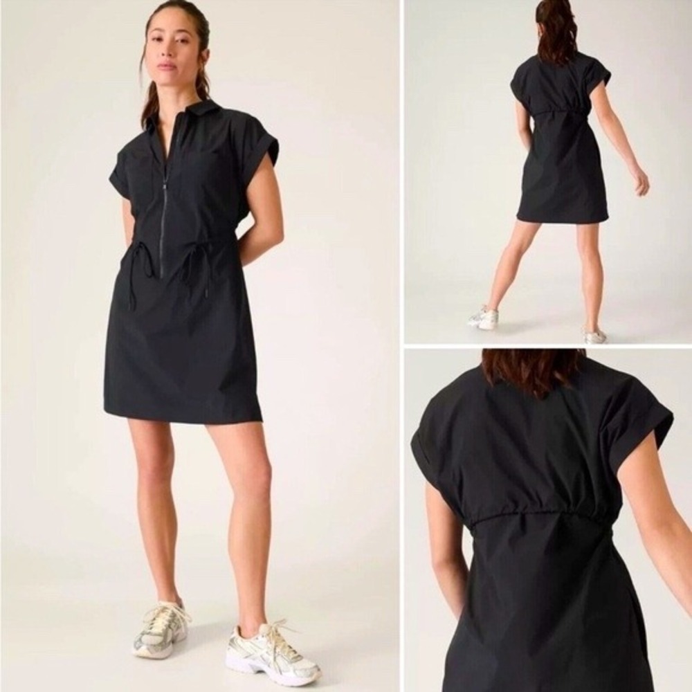 Athleta Topspin Zip Front Dress Sz M Black Utility Pocket Cinch Waist Athletic